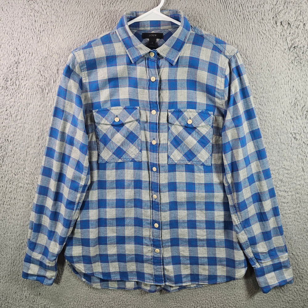 J Crew Women Size 6 Blue Grey Plaid Flannel Button Up Shirt Long Sleeve Cotton
